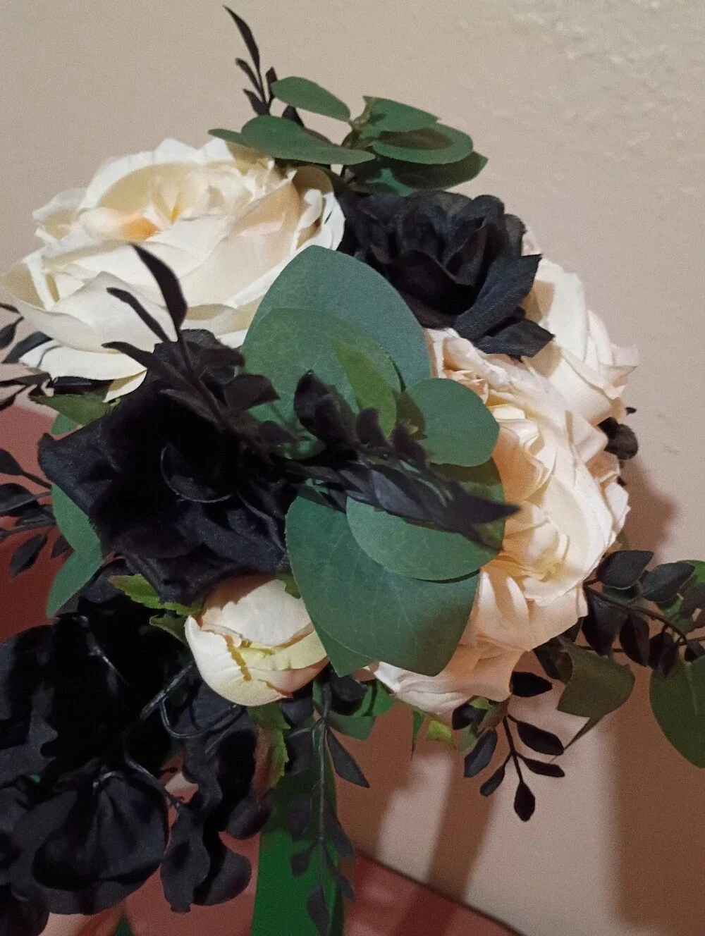 Ivory & Black Cascading Floral Bouquet with Green Ribbon